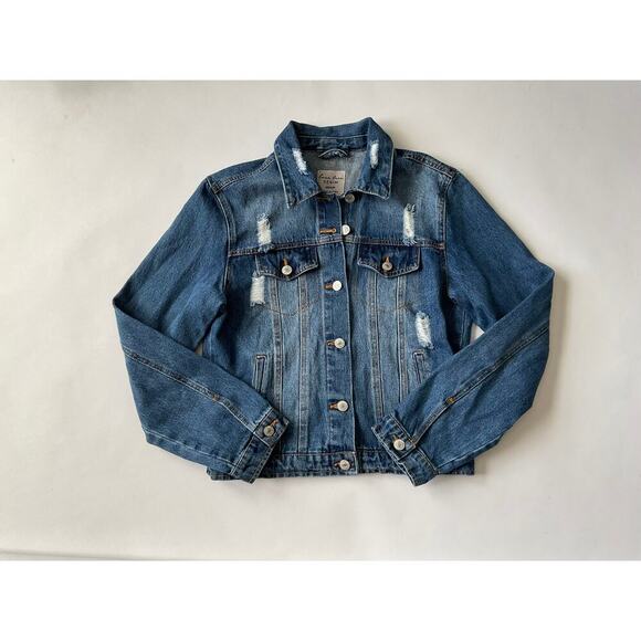 Love Tree Denim Jacket Women’s Medium Blue‎ Button-Up Distressed Jean Jacket - Picture 1 of 4